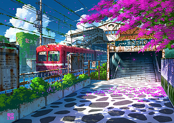 Sunlit Sakura Station — Anime Train, Anime, train station HD wallpaper