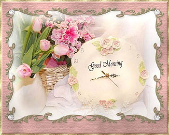 Good Morning, pink, clock, flowers HD wallpaper