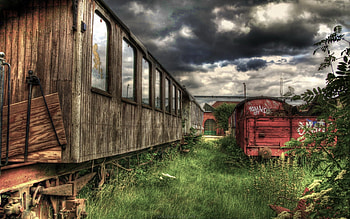 Old Railway Wagon, clouds, grass, r, railroad HD wallpaper