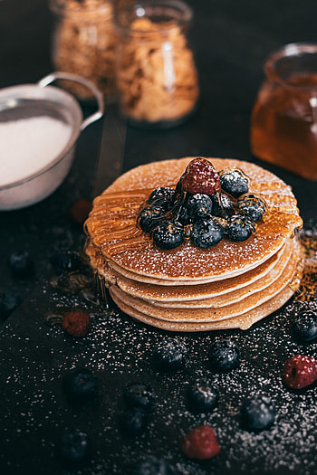 Food, Berries, Pancakes, Breakfast, Syrup HD phone wallpaper