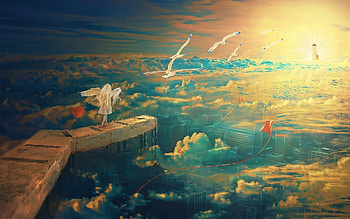 Fantasy, art, angel, orange, cloud, sunset, blue, view from the top, kite, yellow HD wallpaper