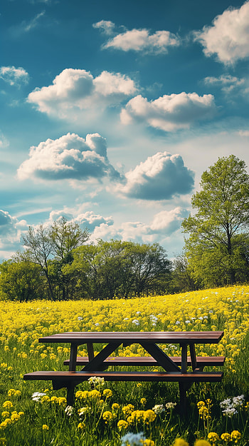 Sunny Meadow Picnic Table, picnic table HD phone wallpaper