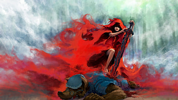 Red Riding Hood, sword, wolf, weapons, anime girl, stab, anime, glasses, hooded cloak HD wallpaper