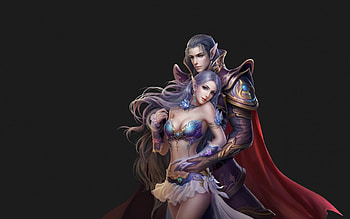 Fantasy couple, black, frumusete, man, girl, elf, fantasy, red, couple, luminos HD wallpaper