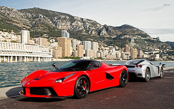 red leferrari by the waterside, ferrari, leferrari, buidling, mountain HD wallpaper