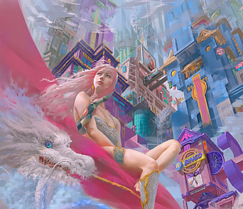 Dragon girl, gorgeous, dragon, girl, blue, view from down, frumusete, art, superb, pink, fantasy, mackoo, luminos HD wallpaper