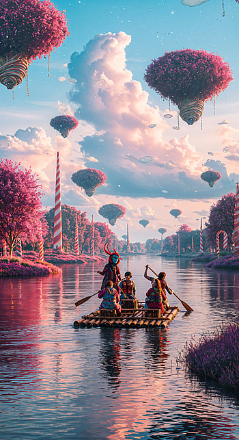 Serene Rafting Adventure - Enchanting , fantasy, river, balloon HD phone wallpaper