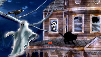 Creepy Haloween House, ghouls, black cat, house, fall, spiders, raven, ghost, haunted, Halloween HD wallpaper