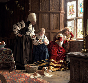 Embroidery, fantasy, art, luminos, girl, dark, nils wadensten, dog, room, window, woman, maid HD wallpaper