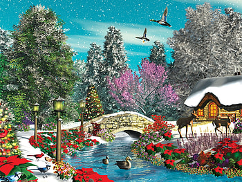 Season's Beauty, river, digital, art, christmas, deer, trees, bridge, cabin, snow HD wallpaper