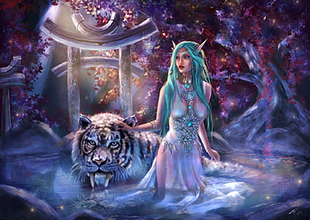 Tiger Fantasy, bed, room, window, art, cat, girl, predator HD wallpaper