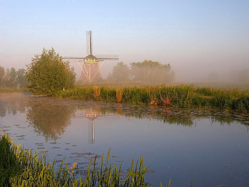 Nature, Rivers, Grass, Shore, Fog, Morning, Shores, Mill HD wallpaper