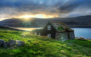 House, Nature, Sunset, Stones, Mountains, Lake, Iceland, Hermit HD wallpaper