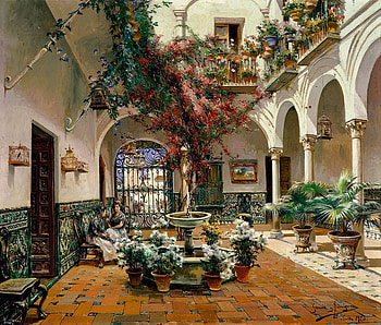 Inside Courthouse, Seville, Spain, hall, arches, plants, furniture, building, flowers, pilars HD wallpaper