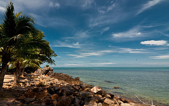 Nature, Stones, Clouds, Palms, Patterns, Shore, Bank, Tropics, Shadows, Sea Horizon HD wallpaper