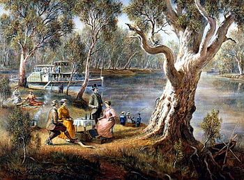 Victorian Picnic, artwork, boat, ship, painting, people, River, tree HD wallpaper