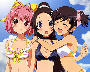 Anime girls, kobayashi masami, nakagawa kanon, cute, beauty, kami nomi zo shiru sekai, the world god only knows, elsee de ruth ima, stunning, swimsuits, sexy, hot, bikini, beautiful, clouds, blushing, sky, takahara ayumi, blush HD wallpaper