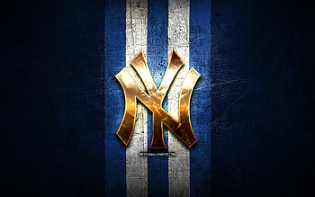 New York Yankees emblem, MLB, golden emblem, blue metal background, american baseball team, NY Yankees, Major League Baseball, baseball, New York Yankees HD wallpaper