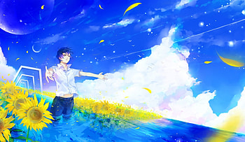 ~Let It Flow With Nature~, birds, man, anime, sunflowers, moon, petals, clouds, flowers, sky, water HD wallpaper