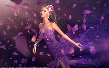 Falling Bloom, girl, digital art, beautiful, dress, beauty, purple, leaves, andrius balciunas, fantasy, cg, pretty, flower, , lovely, female HD wallpaper