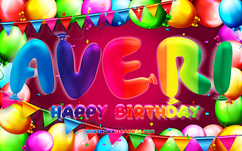 Happy Birtay Averi, , colorful balloon frame, Averi name, purple background, Averi Happy Birtay, Averi Birtay, popular american female names, Birtay concept, Averi HD wallpaper