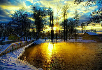 Evening gold, winter, snow, clouds, trees, gold, reflections, sunset, pond HD wallpaper