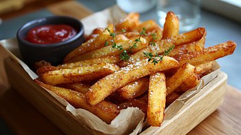 Ultimate Comfort: Crispy French Fries in Delight, comfort food, french fries, ketchup, snack, Fast Food HD wallpaper