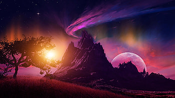 Different world, nountain, moon, planet, landscape, space, stars, sky, sunset, digital HD wallpaper