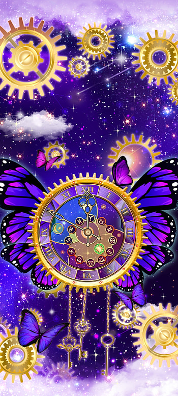 Fantasy SkyWorld a, electric blue, art, butterfly, luxury, Premium, clock HD phone wallpaper