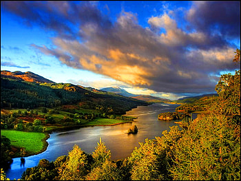 Landscape, river, hills, slope, mountain, summer, clouds, trees, autumn, nature, sky, peak, water, sunset, stream HD wallpaper