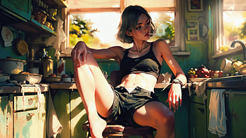Girl Sitting At Chair In Kitchen Enjoying Warm Window Light, girl, sun, chair, room, fruits, artist, artwork, art, digital-art, ai, deviantart HD wallpaper
