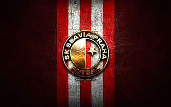 Slavia Prague FC, golden logo, Czech First League, red metal background, football, czech football club, Slavia Prague logo, soccer, FC Slavia Prague HD wallpaper