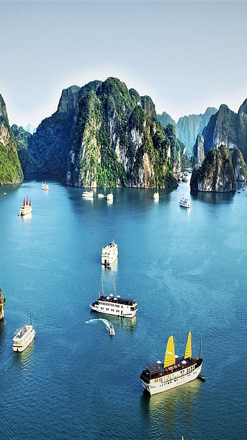 Ships in Vietnam, Ha Long Bay beauty, Rocky formations, Ocean adventures HD phone wallpaper