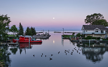 Moon over Lake, Moon, Canada, boats, harbor, lake HD wallpaper