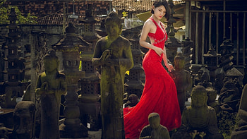 Lovely Asian, model, red, Asian, woman, statue HD wallpaper