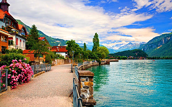 Spring in Switzerland, landscape, clouds, sky, flowers, mountains, houses, lake HD wallpaper