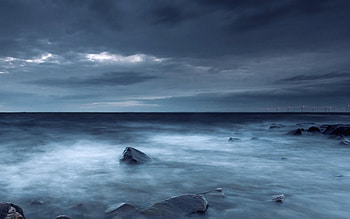 Beautiful, blue, sea, oceans, rocks, waves, clouds, nature, sky HD wallpaper
