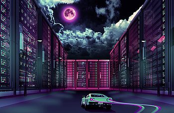 Retrowave Car Going Through City Moon, retrowave, car, city HD wallpaper