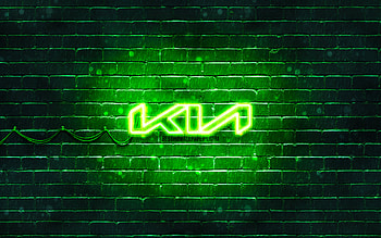 KIA green logo, green brickwall, , KIA new logo, cars brands, KIA neon logo, KIA 2021 logo, KIA logo, KIA HD wallpaper