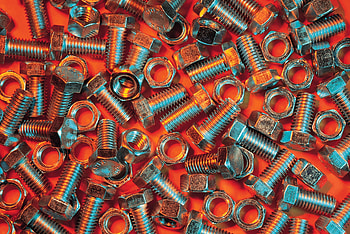 Nuts, Miscellanea, Miscellaneous, Metal, Orange Background, Bolts HD wallpaper