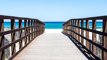 Bridge Wood Dock Fence Beach View Ocean Water Under Blue Sky Nature HD wallpaper