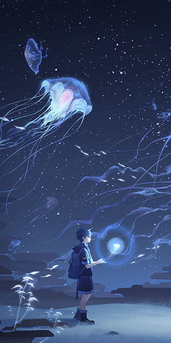 Boy in a land of jellyfish, jellyfish, Anime, Original HD phone wallpaper