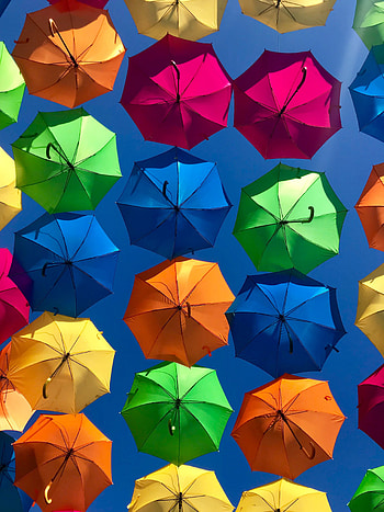 Sky, Miscellanea, Miscellaneous, Multicolored, Motley, Sunny, Umbrellas HD phone wallpaper