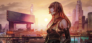 arsenixc city, yellow eyes, elbow, original, scenic, gloves, long hair, watermark, sunset HD wallpaper