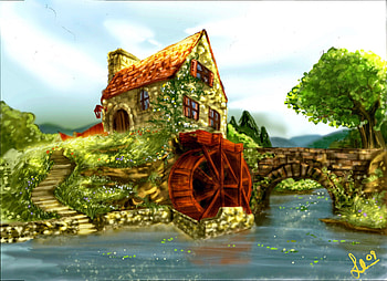 Small mill on the riverbank, river, creek, small, serenity, nice, reflection, painting, slope, path, mill, beautiful, tree, summer, pretty, stone, bridge, clouds, waters, sky, riverbank, lovely, calmness, village, countryside, stream HD wallpaper