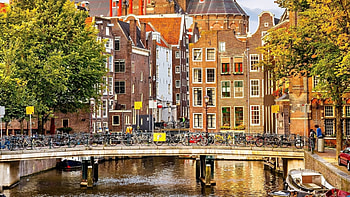 bridge over an amsterdam canal, bicycles, canal, city, trees, bridge HD wallpaper