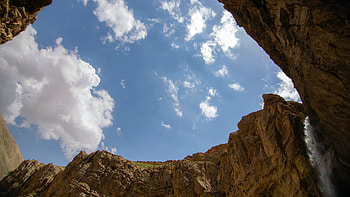 Worm's Eye View Of Waterfall Rocks Under Clouds Sky Nature HD wallpaper