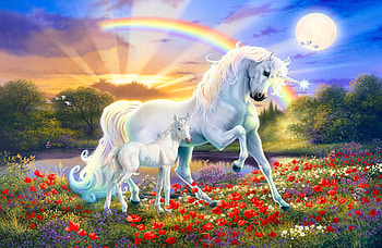 The Rainbow Unicorn, horse, painting, moon, colors, sky, foal, flowers, meadow HD wallpaper