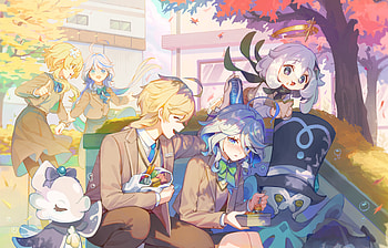 Genshin Impact : Paimon, Aether, Lumine & Furina in Serene Autumn Moments, Genshin Impact, Paimon (Genshin Impact), Aether (Genshin Impact), Furina (Genshin Impact), Lumine (Genshin Impact) HD wallpaper