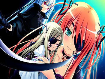 Alhazerd Vivi & Tolstaia E. Irina, night, sweet, orange hair, tolstaia e irina, cute, red eyes, alhazerd vivi, doll, moonlight, white hair, girls, green eye, shinigami no testament HD wallpaper